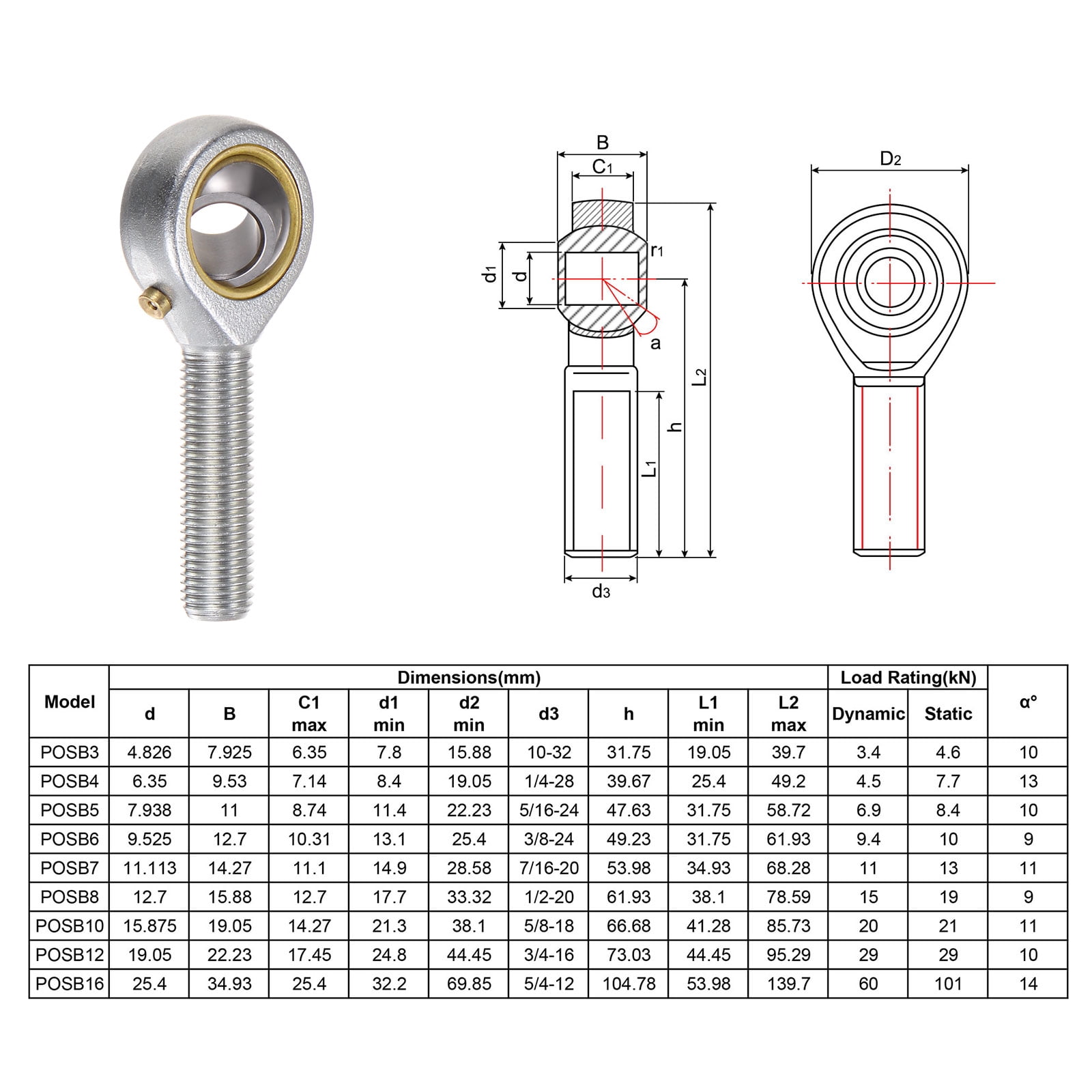 Unique Bargains Male Rod End Bearing Bore and Right Hand Thread 4 Pcs 62mm