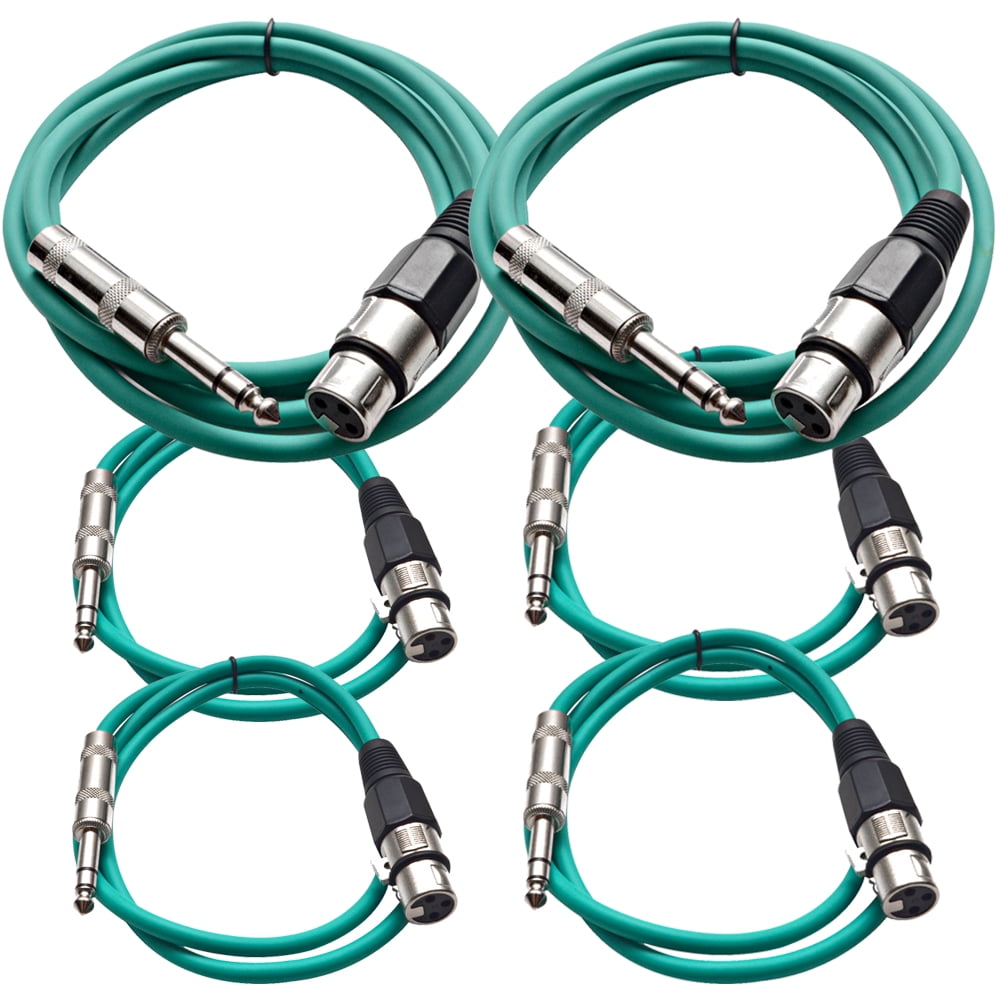 Seismic Audio 6 Pk of Green XLR Female to 1/4" TRS Patch Cables Two 6