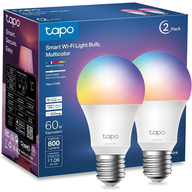 TP-Link Tapo - Bombillas inteligentes Wi-Fi (Tapo L530E), multicolor, cambio a todo color, regulables, compatibles con Alexa y Google Home, no requiere concentrador, paquete de 2