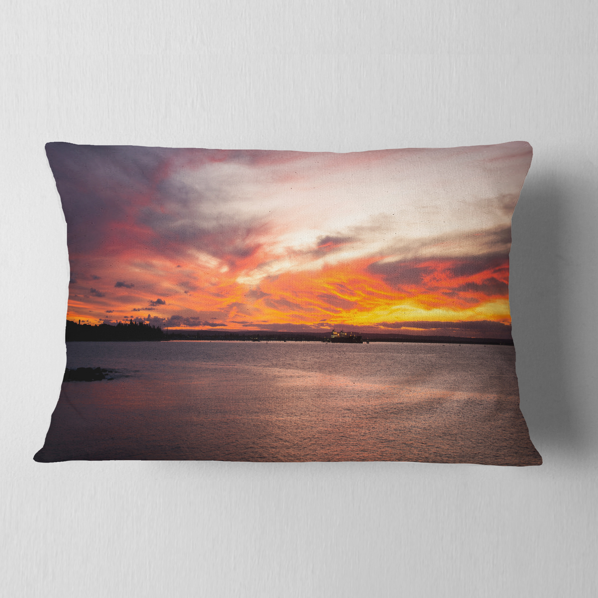 Designart Yellow Sky Over Calm Sydney Coast - Seashore Throw Pillow - 12x20
