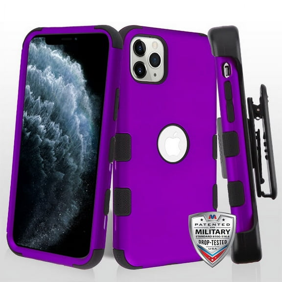 Apple iPhone 11 PRO Phone Case Hybrid Armor HOLSTER [Three Layers] Kickstand [Carrying Belt Swivel Clip Holster] Protective Drop-Proof Rubber Silicone TPU Rugged Purple Cover for Apple iPhone 11 Pro
