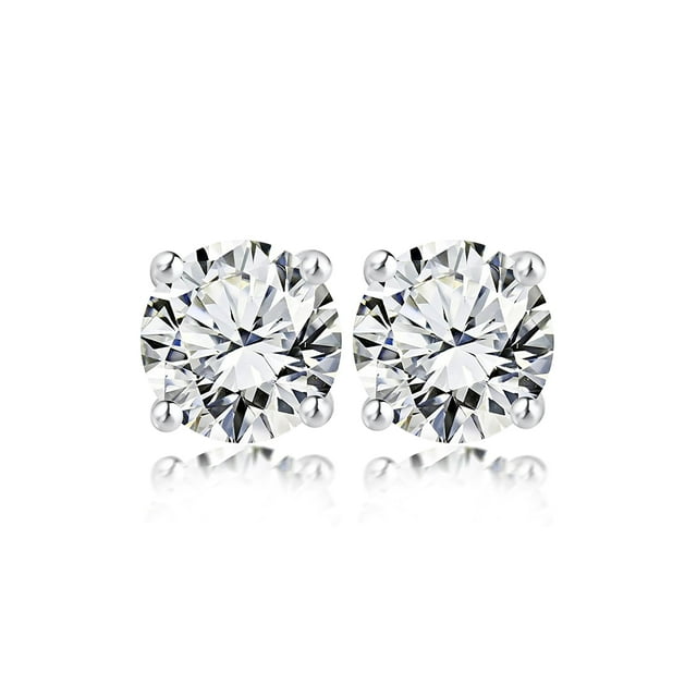 Pendientes Tipo Botón Solitario de 4 Puntas con Diamantes Redondos de 0,25 Quilates JeenMata Baño de Oro Blanco de 18 K sobre Plata