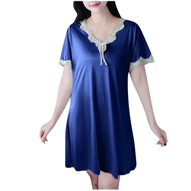 Qtocio Chemises de Nuit pour Femmes Vêtements de Nuit, Chemises de Nuit pour Dames Imprimé Col Rond Robe de Sommeil Décontractée Longue Robe d'Été pour la Maison