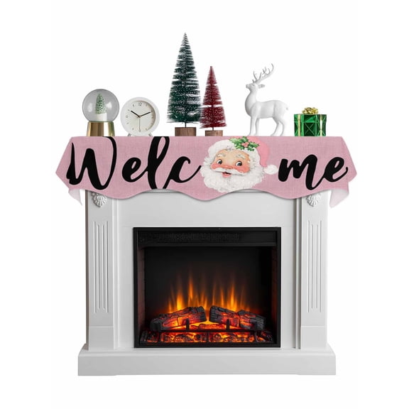 Pink Christmas Mantel Scarf Fireplace Decorations for Living Room, Santa Xmas Rustic Farmhouse Winter Fireplace Mantel Scarf Cover Runner for Halloween/Thanksgiving/Christmas Decor 90"x17"
