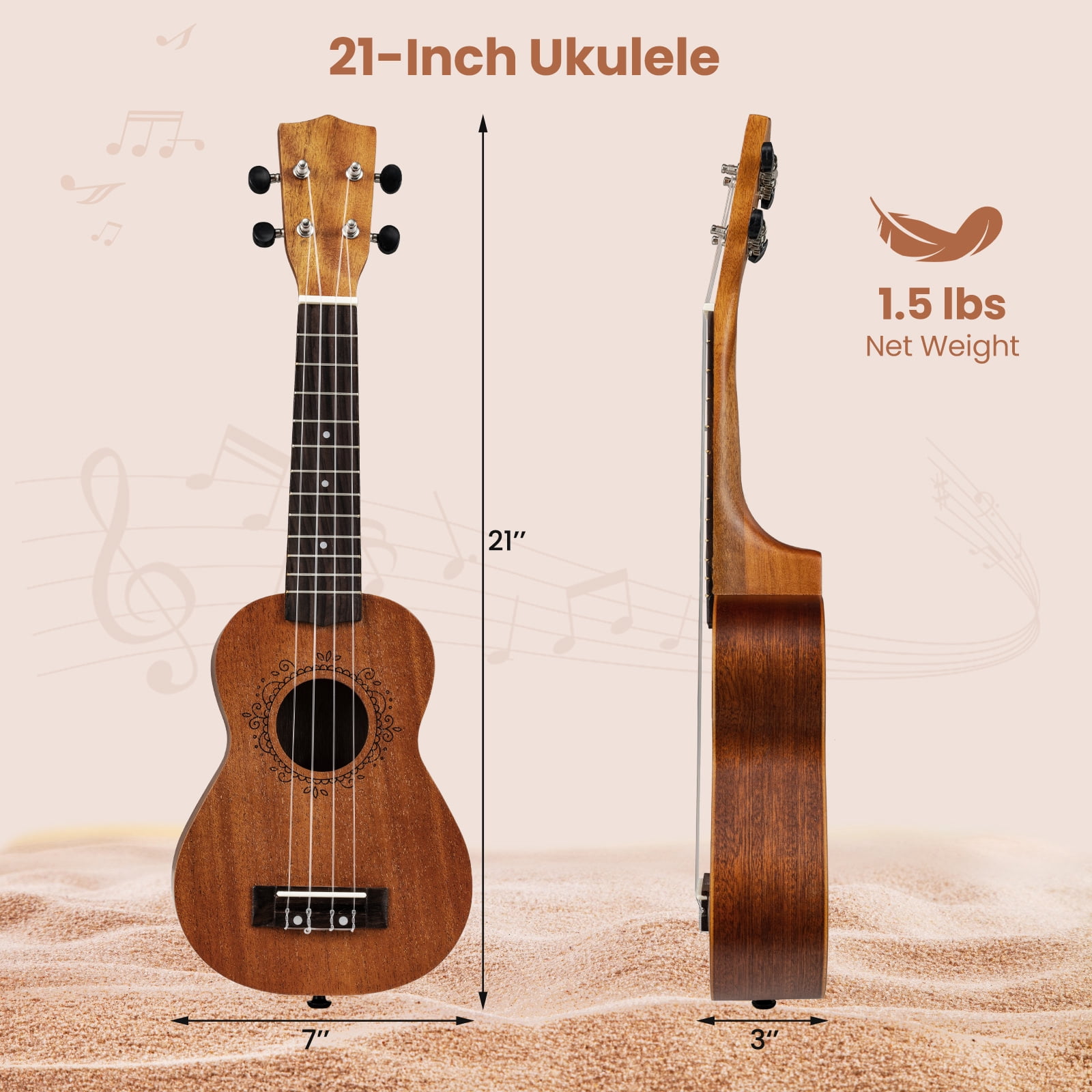 Costway 21" Soprano Mahogany Wooden Ukelele Set with Gig Bag, Pick, Adjustable Strap Natural