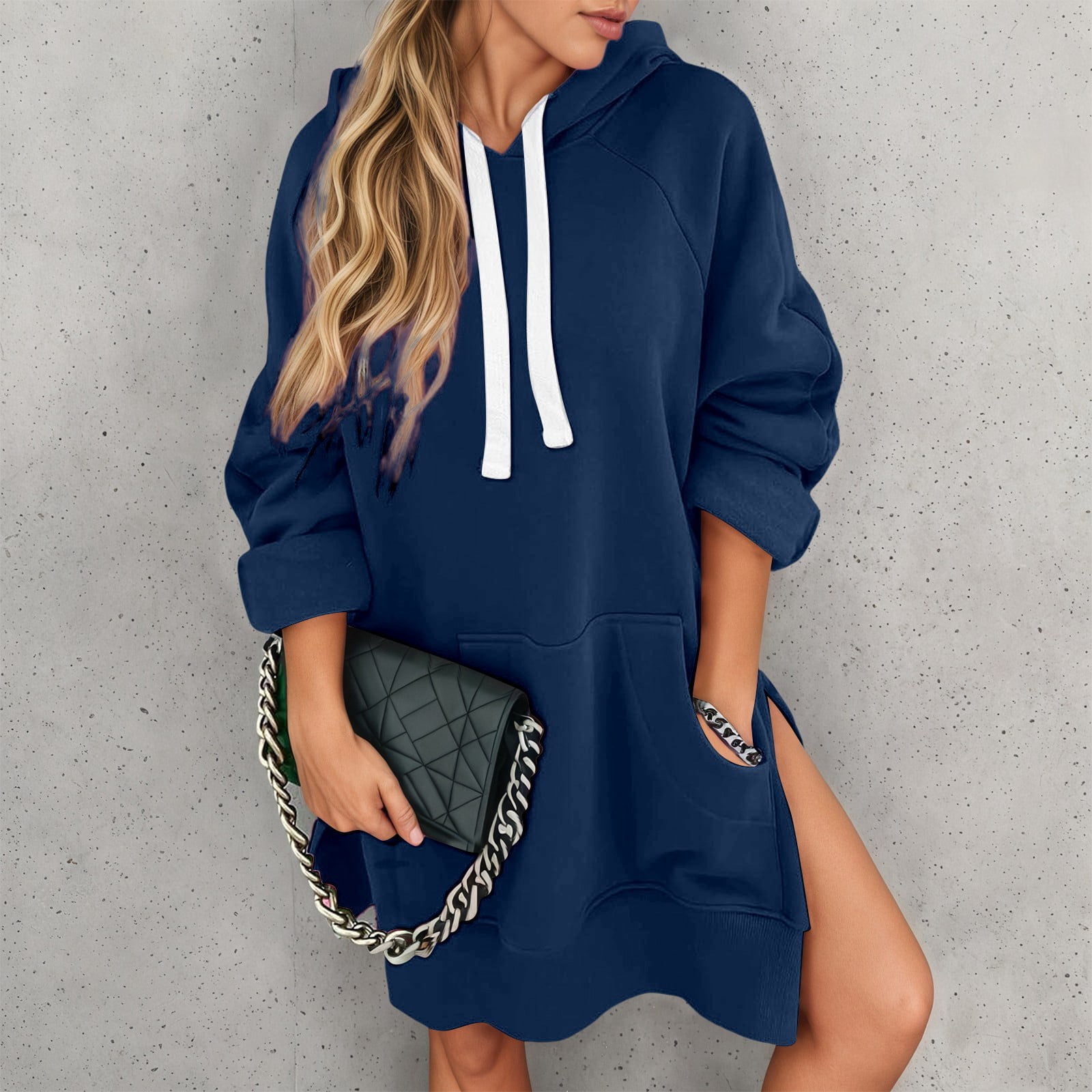 Telankuip The Warmy Oversized Hoodie Dress Women's Casual Long Sleeve Drawstring Pullover Sweatshirts Solid Color Split Hem Long Hooded Tops with Pocket Navy M