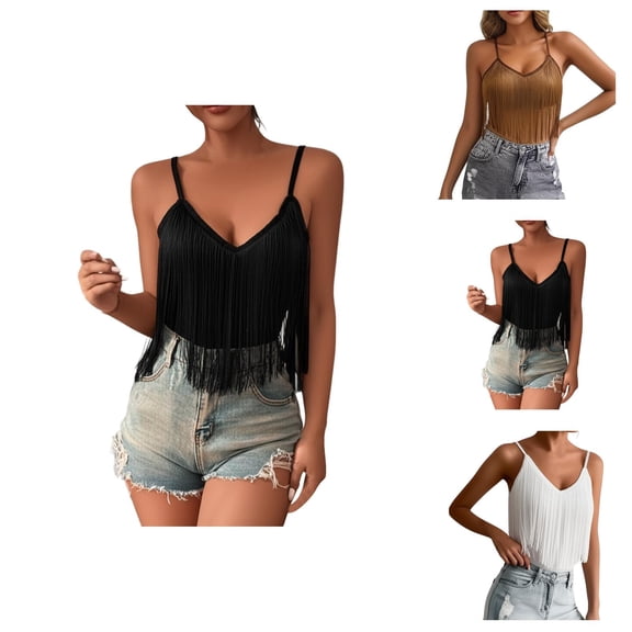 Fringe Crop Tank Tops for Women V Neck Spaghetti Strap Tassel Camisole Top Y2k Going out Tops