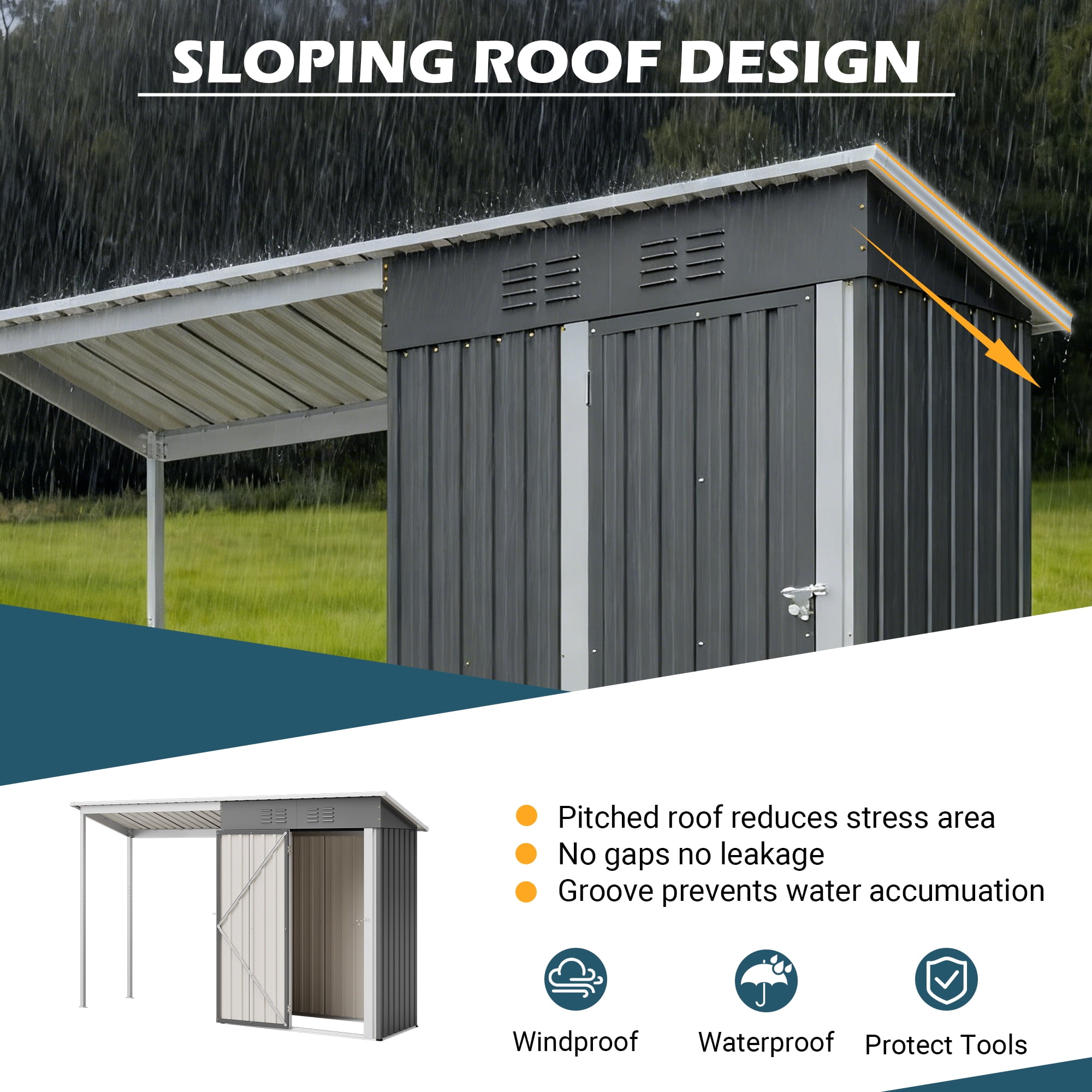 LZBEITEM Outdoor Open-Sided Storage Shed, 5x3 Sheds & Outdoor Storage with Covered, Small 2-in-1 Tool Shed with Attached Hardtop Metal Pergola Gazebo