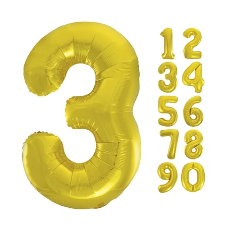 Unique Industries Foil Big Number 3 Shaped 34" Gold Solid Print Balloon