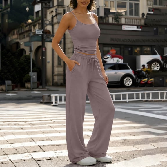 Cagogo Women's 2 Piece Crop Top Set Scoop Neck Sleeveless Wide Leg Pants Casual Summer Outfits Solid Basic Lounge Tracksuits Travel Airport Clothes Matching Sets, Purple M