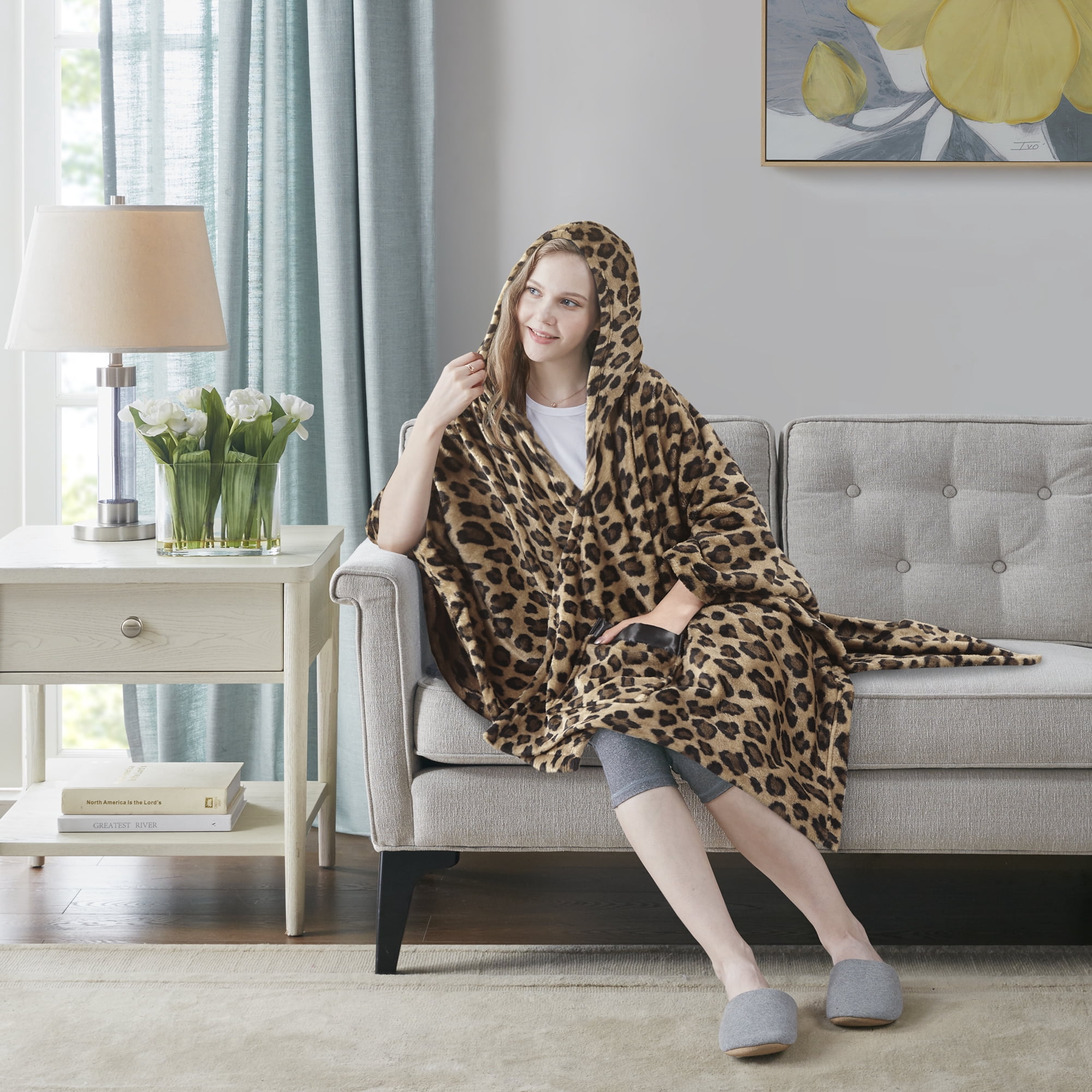 Comfort Spaces Brown, Black Leopard Polyester Plush Throw, 60" x 50"