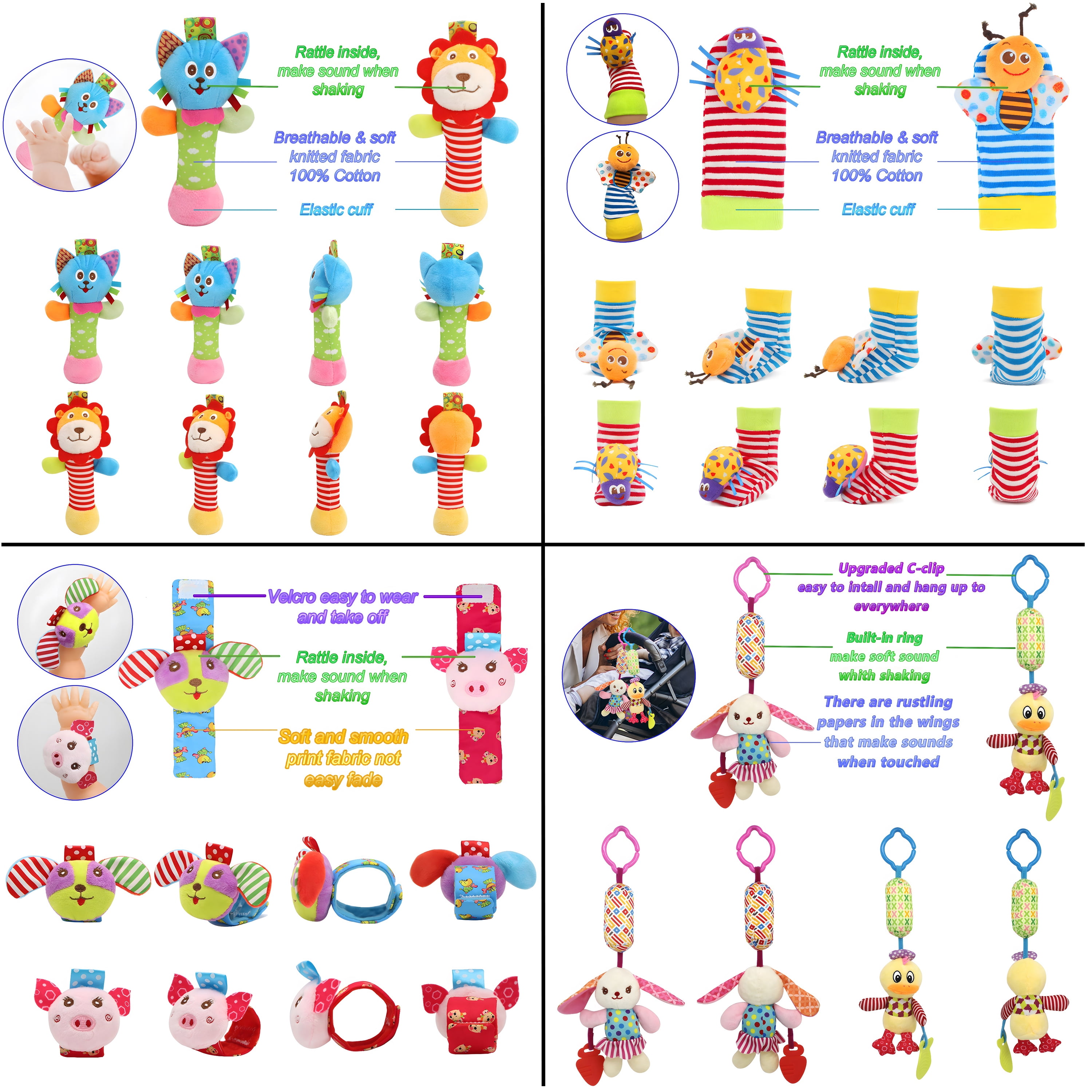 Wrist Rattles Foot Finder Rattle Sock Baby Toy, Hanging Rattle Toy, Hand Bracelet Rattle, Feet Leg Ankle Socks, Activity Rattle Present Gift for Newborn Infant Babies Boy Girl (12 pcs-B)