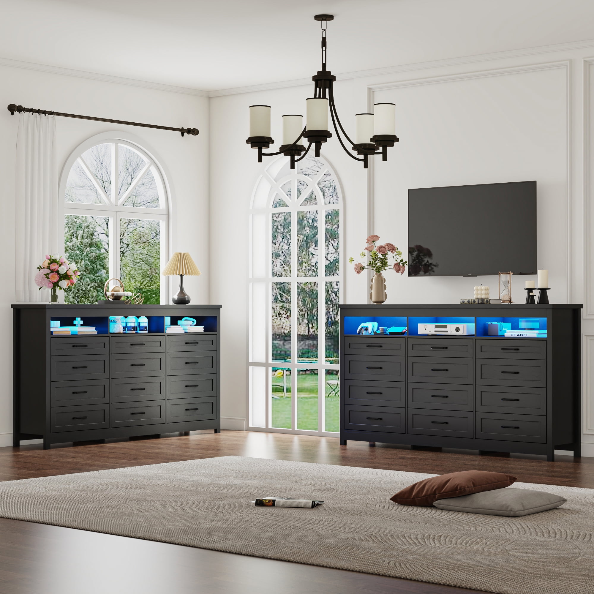 ANPOO 71" Large Farmhouse 12 Drawers Dresser with LED Lights & Power Outlet, 41" Tall Chest of Drawers with Storage & 60000 Colors Lights, Modern Wood Dresser for Bedroom, Living Room, Hallway