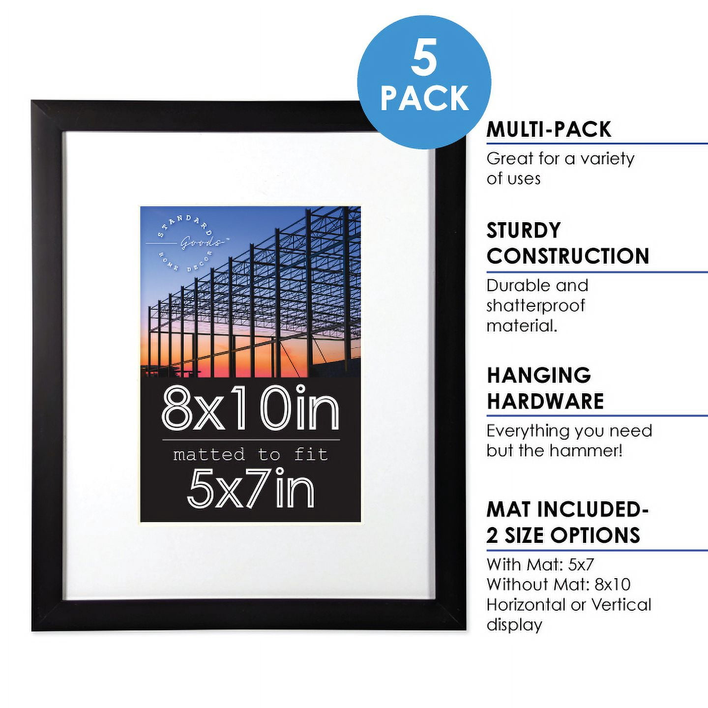 Standard Goods Home Décor 8x10 Matted to 5x7 Black Linear Picture Frame, 5-Pack for Wall or Table Display.