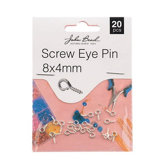 John Bead Must Have Findings Metal Silver 8x4mm Screw Eye Pin, 20 Pieces