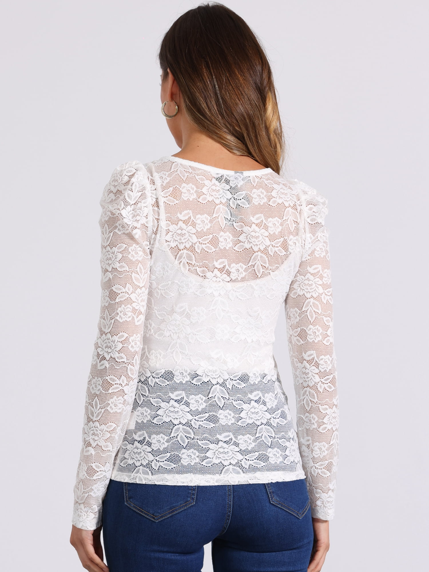 DARING DIVA Semi Sheer Puff Sleeve Vintage Top XS White Floral