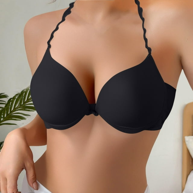 Hemlock Solid Color French Triangle Bras, Solid Color French Triangular Cup Bra, Backless, Hanging Neck, Thin, Black Backless Hanging Neck Bras, Black 34, Size 32-38