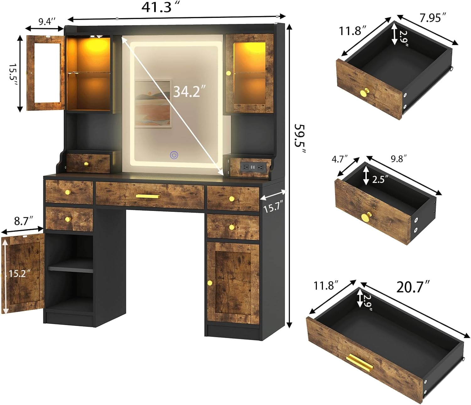 Rustic Brown Vanity Desk with Mirror,Lights and Charging Station