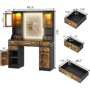 Rustic Brown Vanity Desk with Mirror,Lights and Charging Station