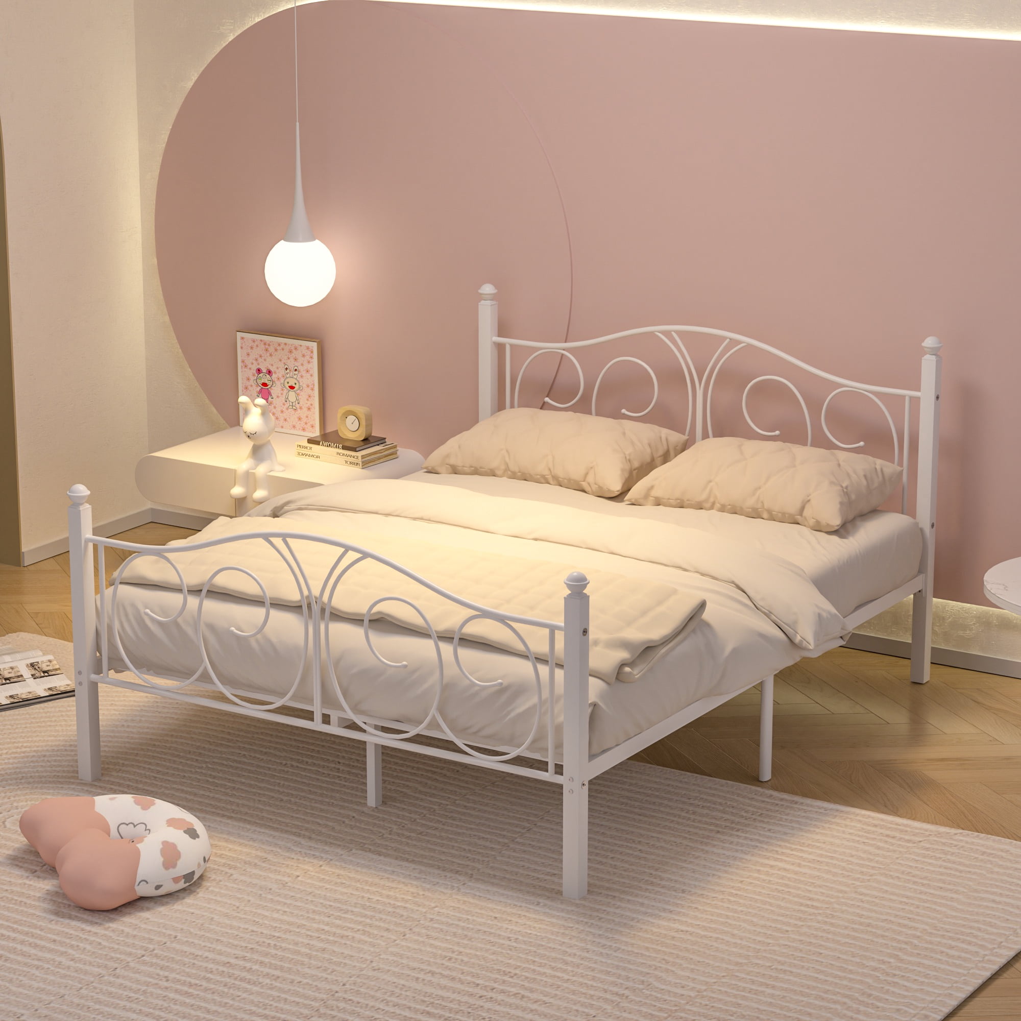 VECELO Queen Metal Bed Frame with Headboard and Footboard, Heavy Duty Slat Support Platform Frame for Bedroom, No Box Springs Needed, White