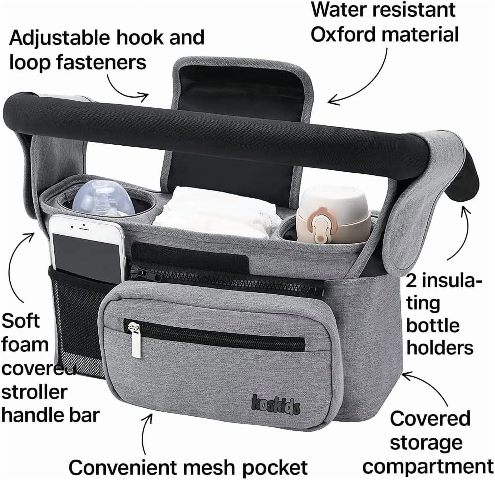 Universal Stroller Organizer with Insulated Cup Holder, Detachable Phone Bag, Shoulder Strap – Fits All Stroller Types, Keeps Drinks Hot/Cold