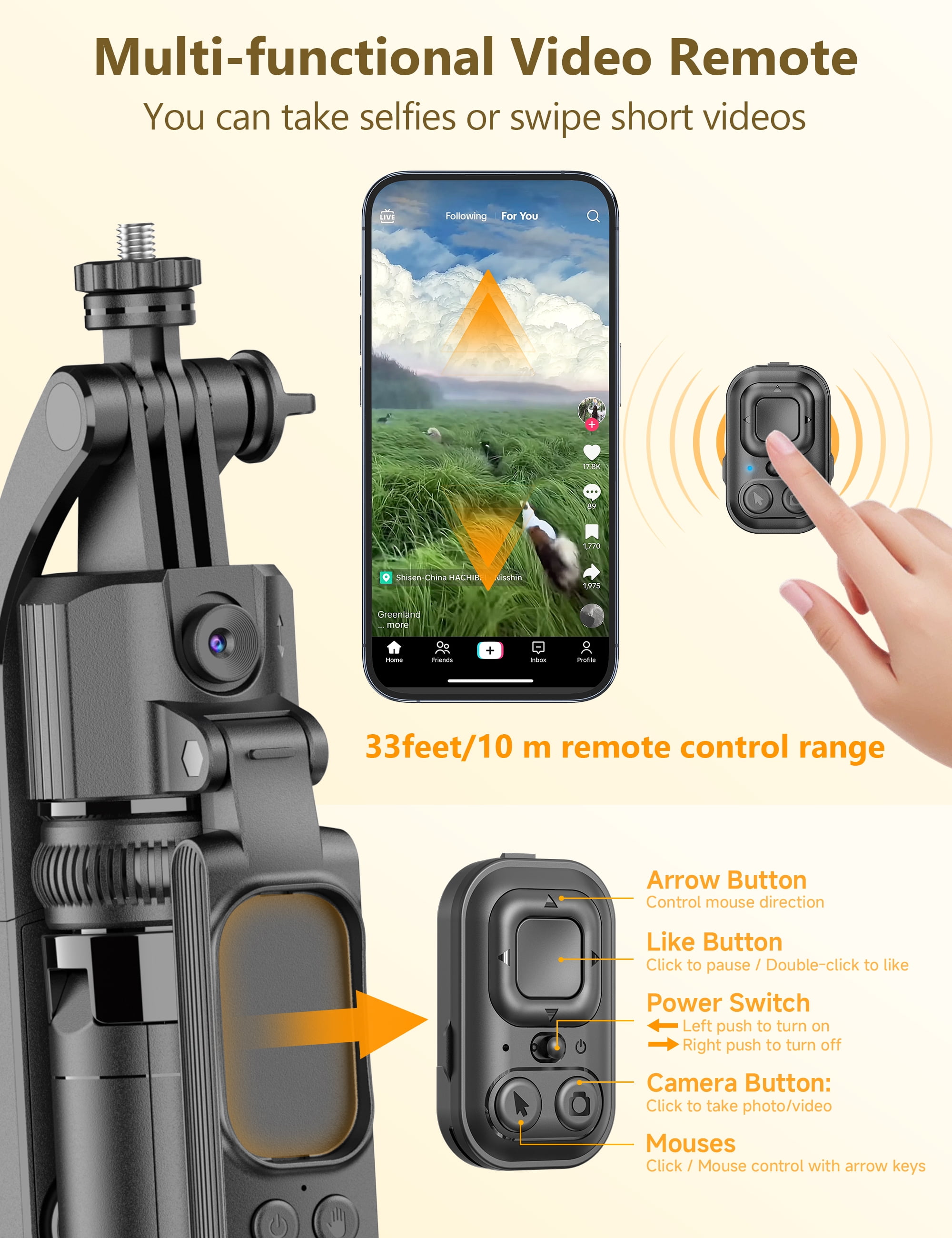SelfieShow 64'' Auto Face Tracking Tripod 360 Rotation with Stand,Handheld Stabilization, Aluminum Selfie Stick Phone Tripod with Remote & Phone Holder Compatible with iPhone, Android, Camera, GoPro