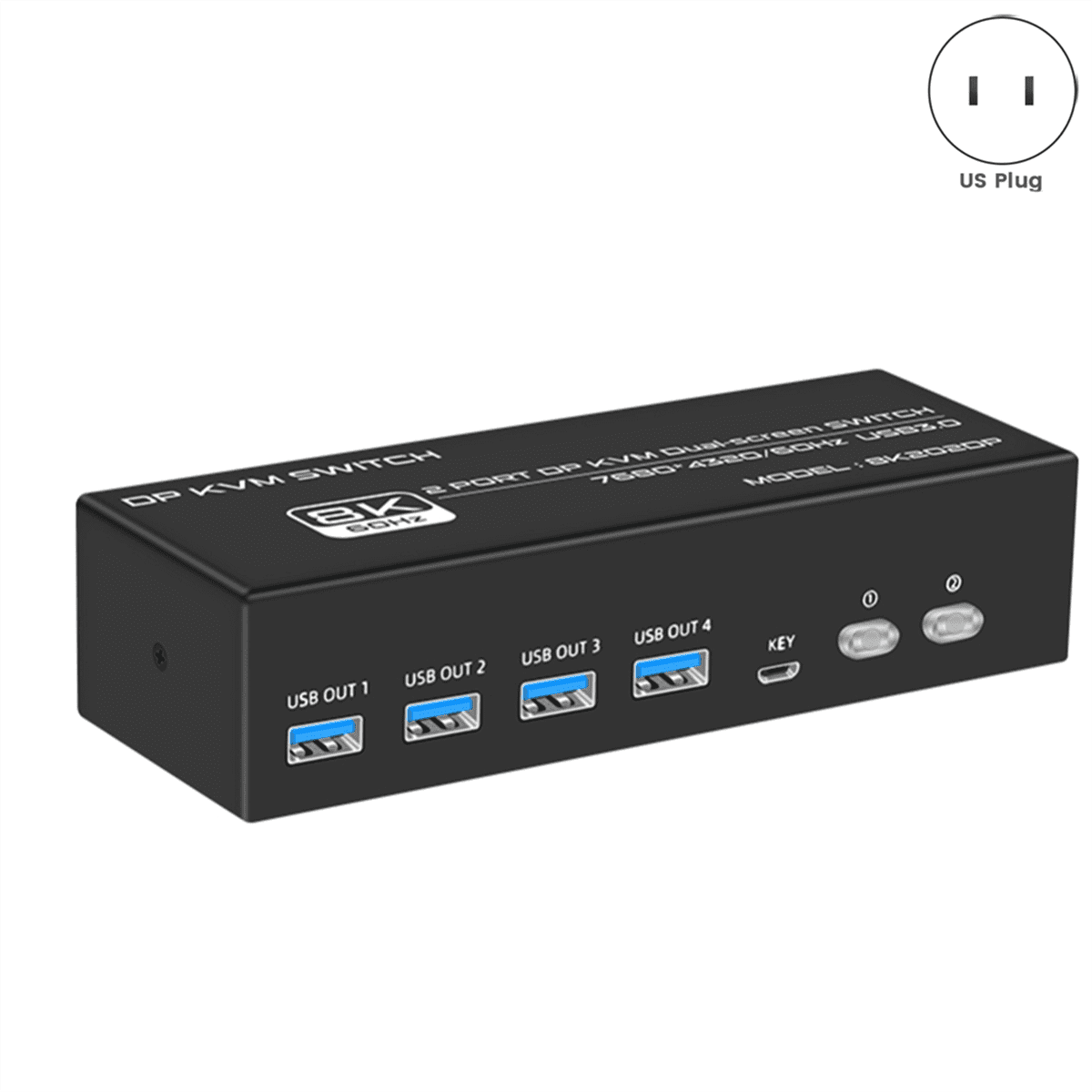 8K DP KVM Switch for 2 Computers USB 3.0 KVM Switch 2 in 2 Out and 4 USB 3.0 Port for Mouse Keyboad Monitor US Plug