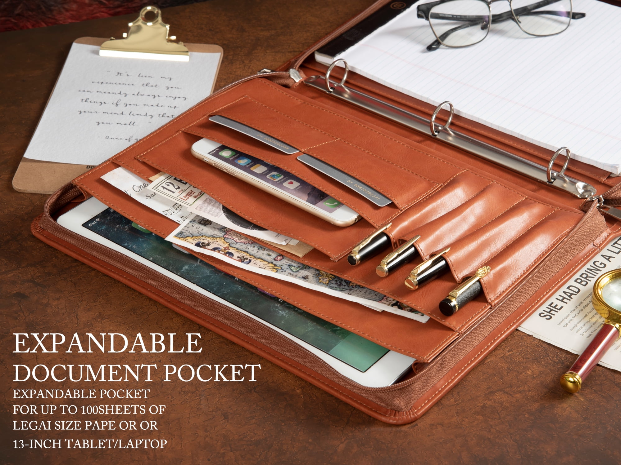 LeatherBelief Portfolio 3 Rings Binder,Zipper PU Leather Padfolio, Business Organizers with A4 Legal Pads, Gift for Him, Brown