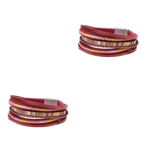 Sonducket Pulseras envolventes de cuero Boho Brazalete de múltiples capas Moda hecha a mano Bohemio Mujer Broche para mujer Rojo Rojo 2Conjunto