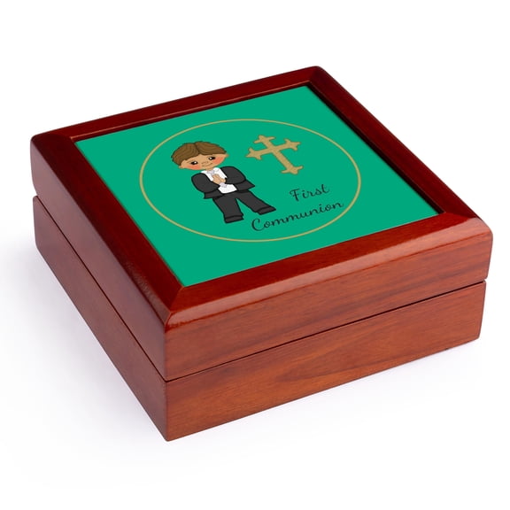 3dRose, First Communion Boy With Cross Green, Jewelry Box 5.5x5.5 inch with 4 inch tile