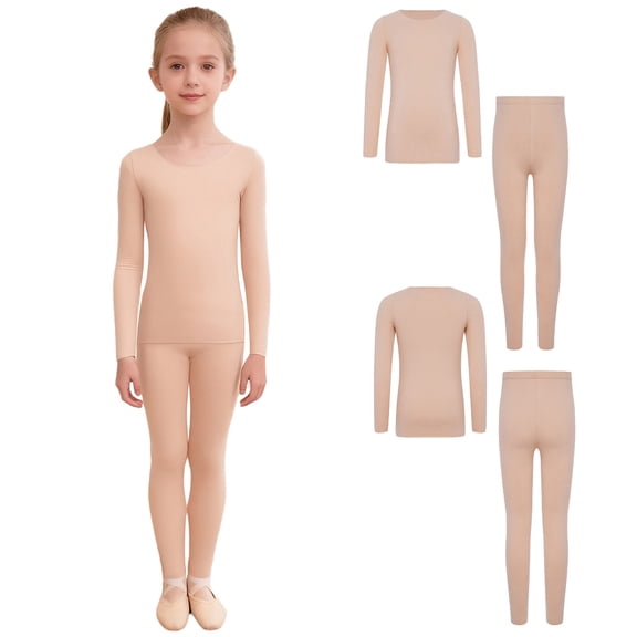 TiaoBug Girls Winter Base Layer Underwear Thermal Set for Ballet Dance Practice Shirt Top with Stirrup Leggings A Nude M
