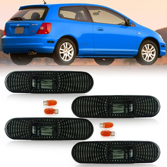USR DEPO 02-05 Civic 3D Side Marker Lights - COMBO Smoke Lens Bumper Side Markers Lamps Set Compatible with 2002-2005 Honda Civic Si EP EP3 3 Doors Hatchback (Smoked 4 Pieces, Front   Rear)