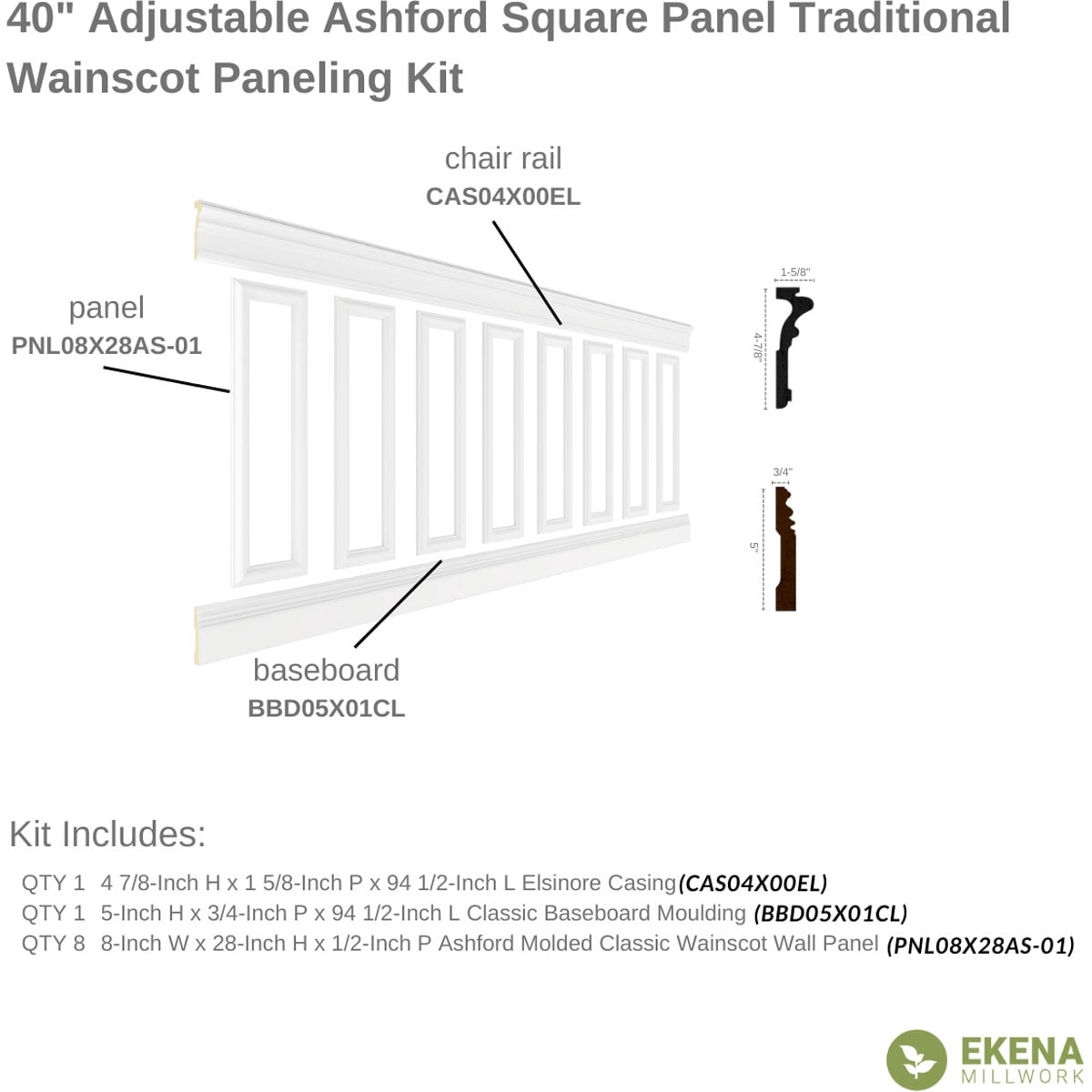 Ekena millwork 94 1/2"L (Adjustable 40"H to 44"H) Ashford Square Panel Traditional Wainscot Paneling Kit