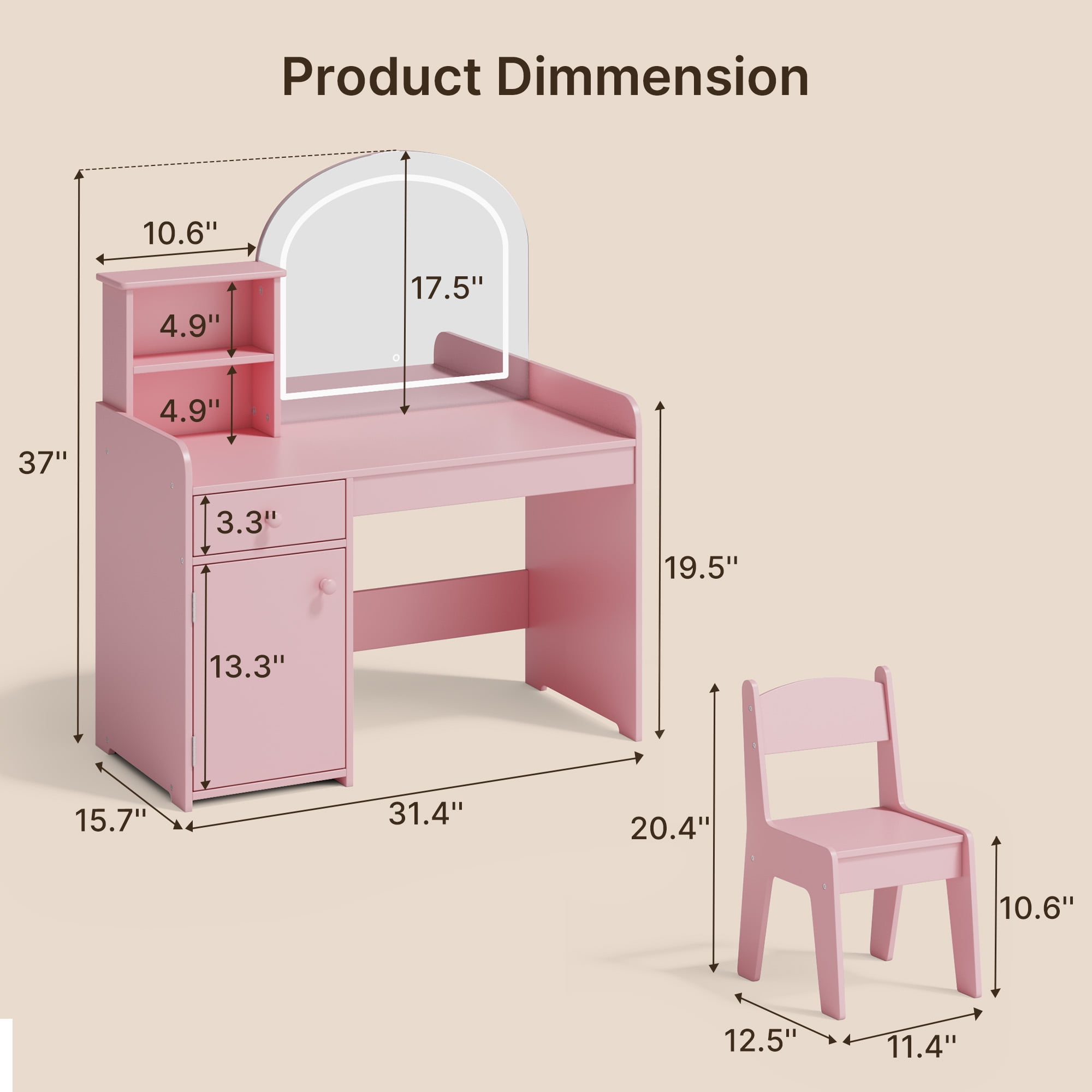 Kids Vanity Table and Chair Set with 2-Tier Open Shelves and Drawer, Noelse Pink Vanity Set with Mirror and Lights for Pretend Play, Girls Vanity Desk for Bedroom