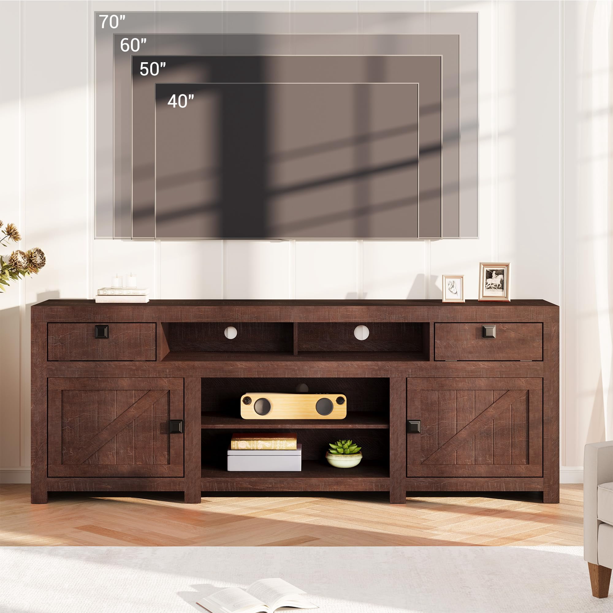 70-Inch Farmhouse TV Stand for TVs Up to 80", Entertainment Center with 4 Storage Drawers & 3 Open Shelves for Living Room-Brown