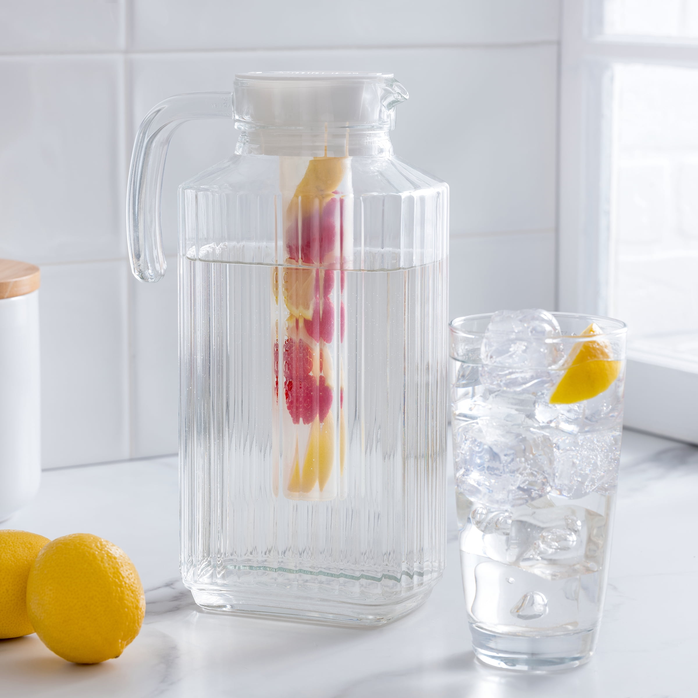 Luminarc 57.5 oz. Clear Quadro Pitcher with White Lid & Infuser Tube