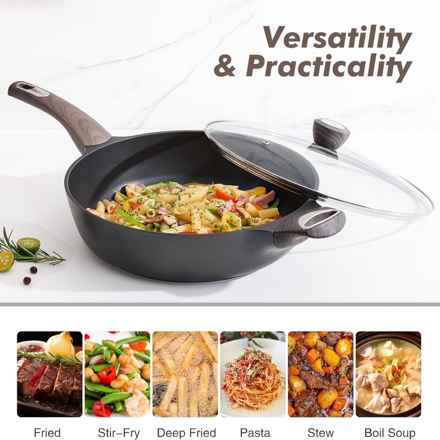 Nonstick Frying Pan Skillet with Lid, 13.3 Inch Large Deep Frying Pan, 6 Qt Non Stick Saute Pan with Cover, Induction Pan, Healthy Non Toxic Cooking Pan with Helper Handle