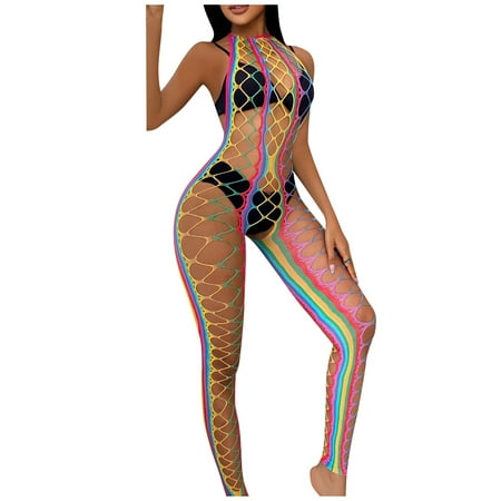 

YDKZYMD Womens Lingerie Teddy Women s Babydoll Sexy Bodysuit Colorful Fishnet Pajamas for Women Yellow One Size