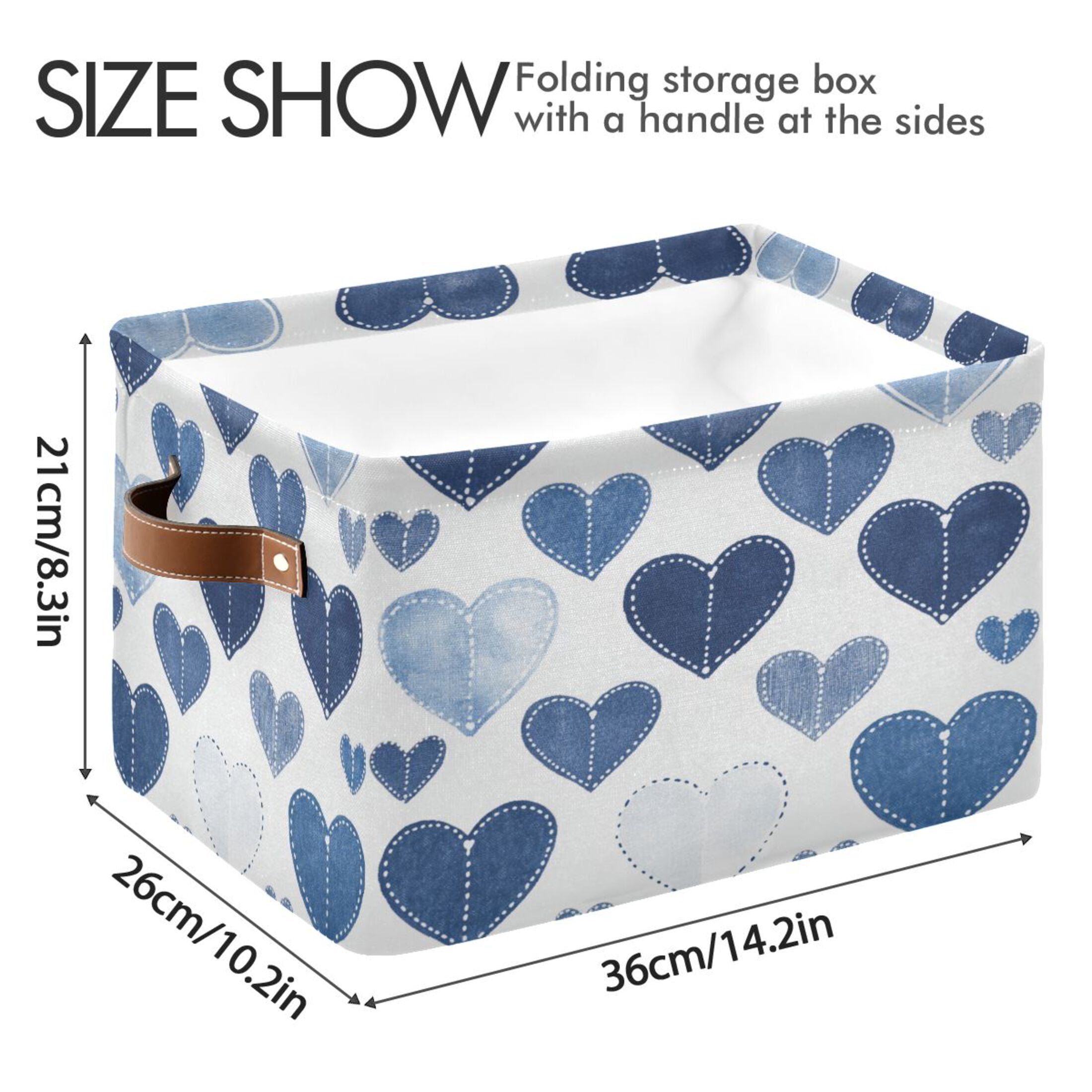Denim Heart Pattern Foldable Storage Basket,Canvas Fabric Foldable Storage Bins with Handles Open Home Storage Bins Boxes for Toy Book Shelf Closet Baskets