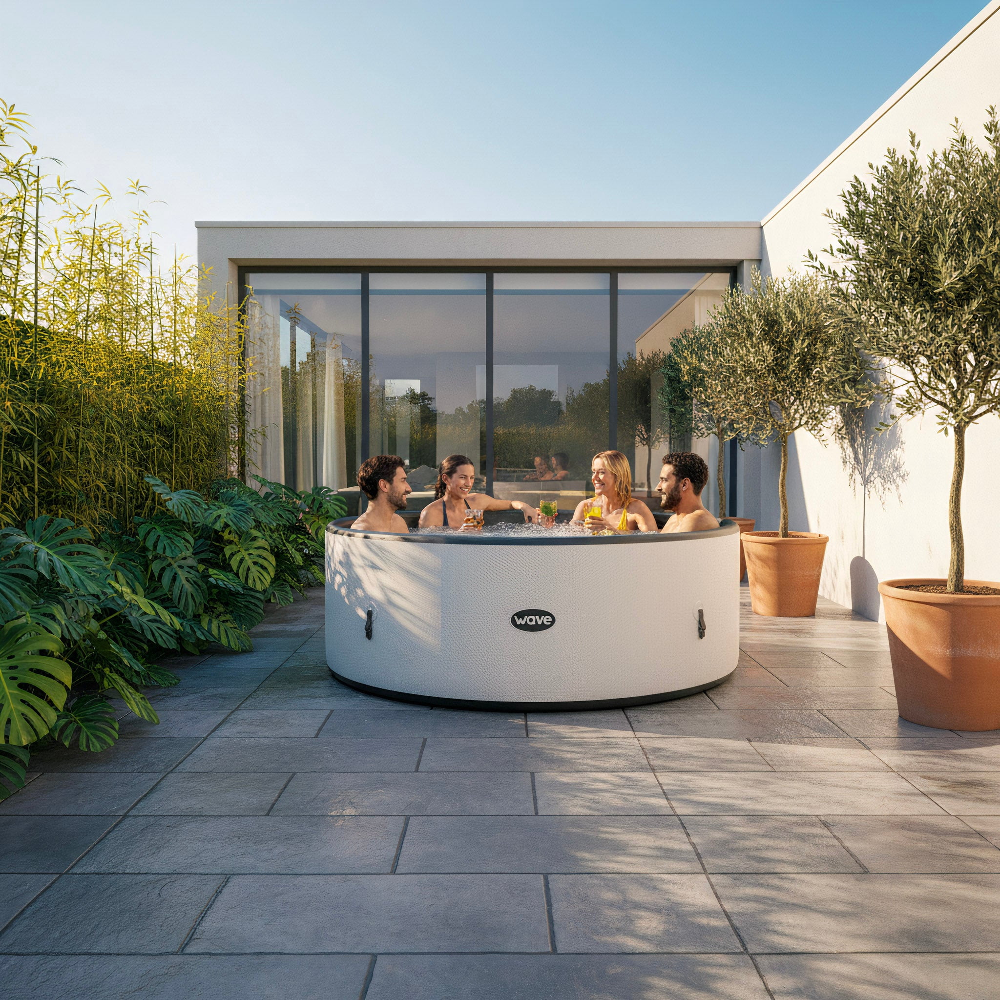 Wave Ontario 6-Person Round Drop-Stitch Hot Tub | 130-Jet Inflatable Spa | White Herringbone