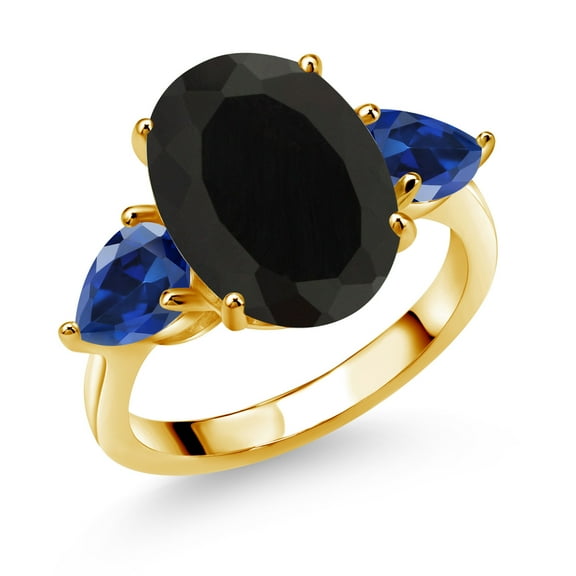 Gem Stone King 18K Yellow Gold Plated Silver Black Onyx and Blue Created Sapphire Ring for Women (7.00 Cttw, 14X10MM Oval and 7X5MM Pear Shape, Gemstone December Birthstone, Size 6)