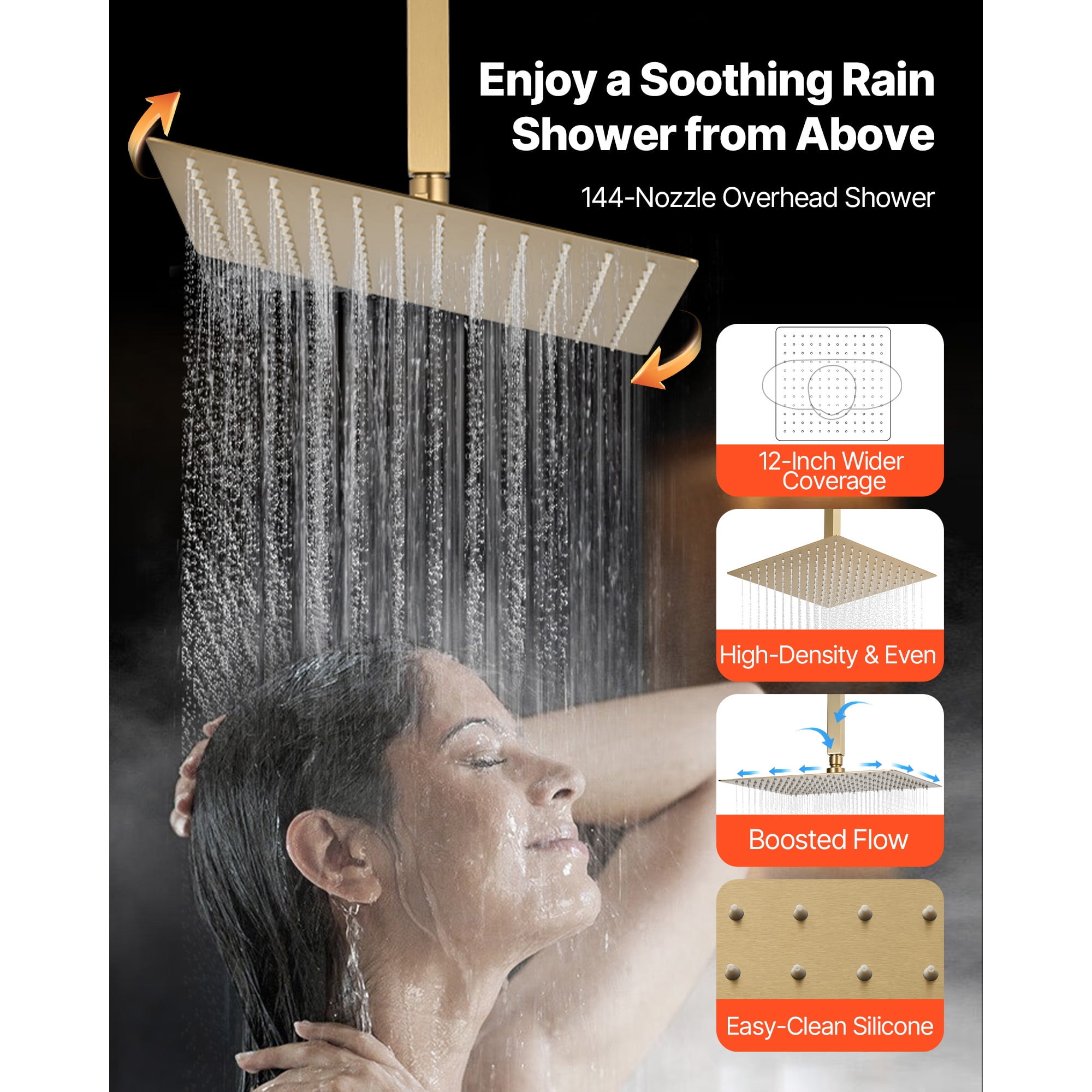 KFFKFF 12-Inch Thermostatic Ceiling Rain Shower System with Wall-Mounted Head and Handheld Spray, 3-Function Dual Rain Head with Brass Valve Trim Kit, Brushed Gold