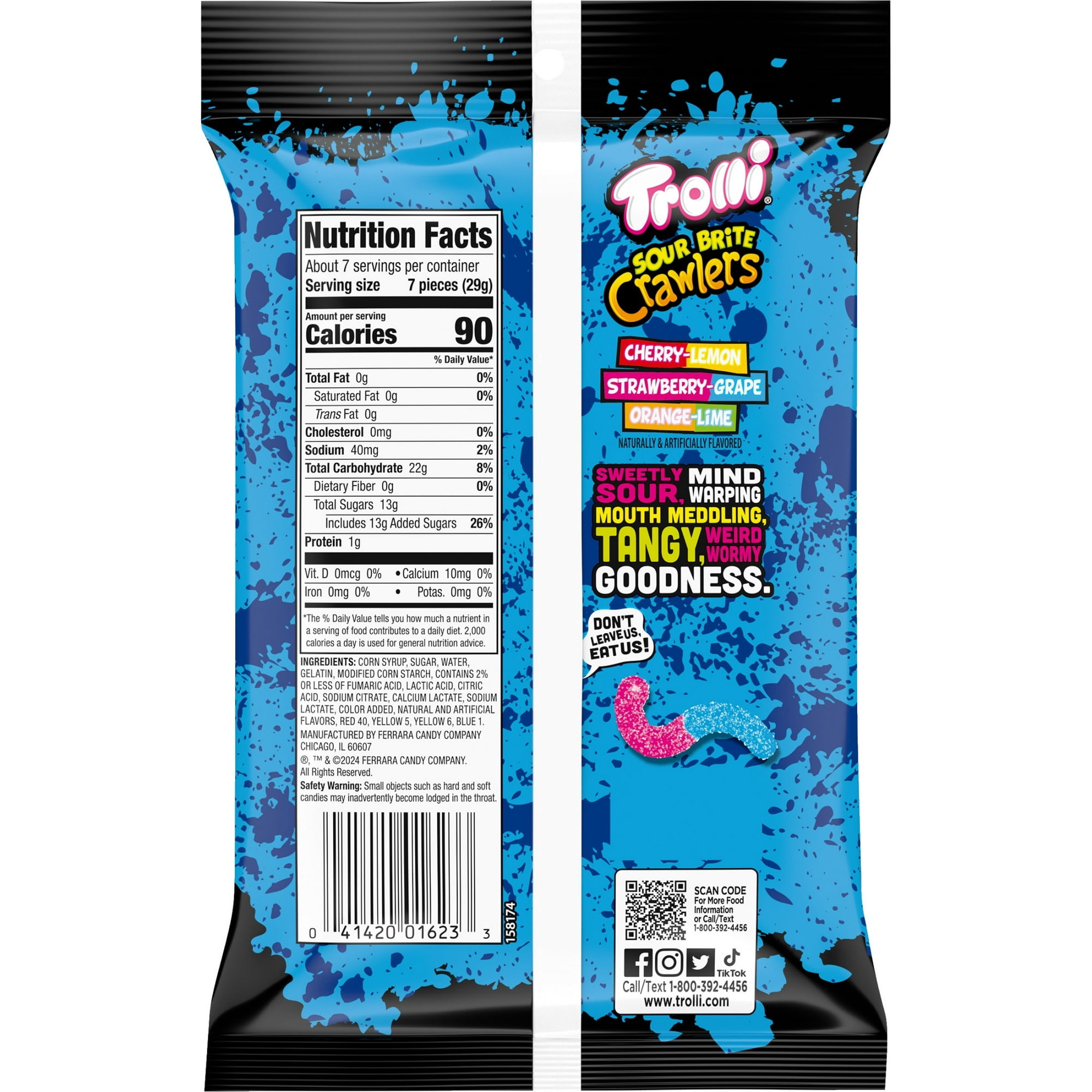(4 Pack) Trolli Sour Brite Crawlers, Candy, Cherry-Lemon, Strawberry-Grape & Orange-Lime, Sweet and Sour, Gummy Worms, 7.2 oz