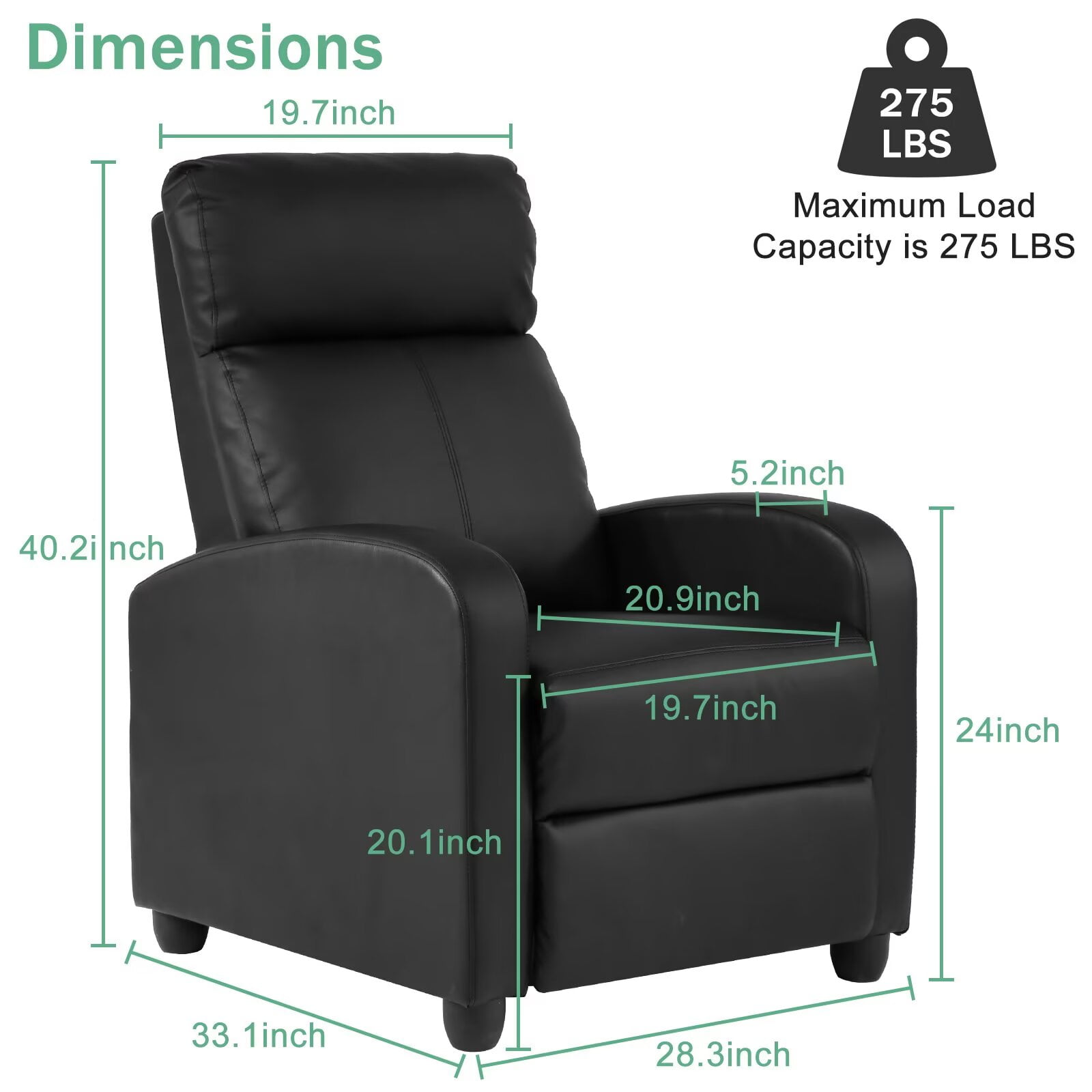 YRLLENSDAN Recliner Chair for Living Room Home Theater Seating Single Sofa Lounge with Padded Seat Backrest PU Leather for Adults, Black