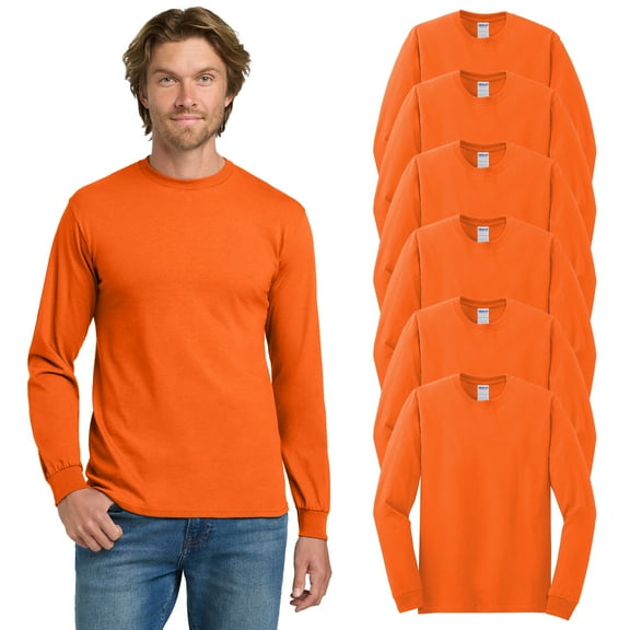 Gildan Heavy Cotton Men Hi Vis Workwear T-Shirt, Long Sleeve Crewneck 6 Pack Safety Orange Tee, L