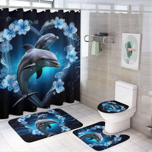 4 Pcs Bathroom Shower Curtain Set,Bathroom Sets with Rugs (Bath Mat,U Shape and Toilet Lid Cover Mat), Beautiful Dolphins Heart Bathroom Decor Set