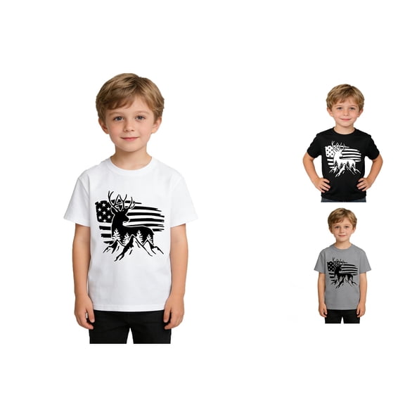 RTKFRFLM Boys Fourth of July T-Shirt Creative Deer Mountains USA Flag Print Crewneck Short Sleeve Independence Day Tee