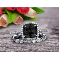 2.55 Carat Cushion Cut Vintage Looking Black Diamond Moissanite Engagement Ring with Wedding Band on 10k White Gold