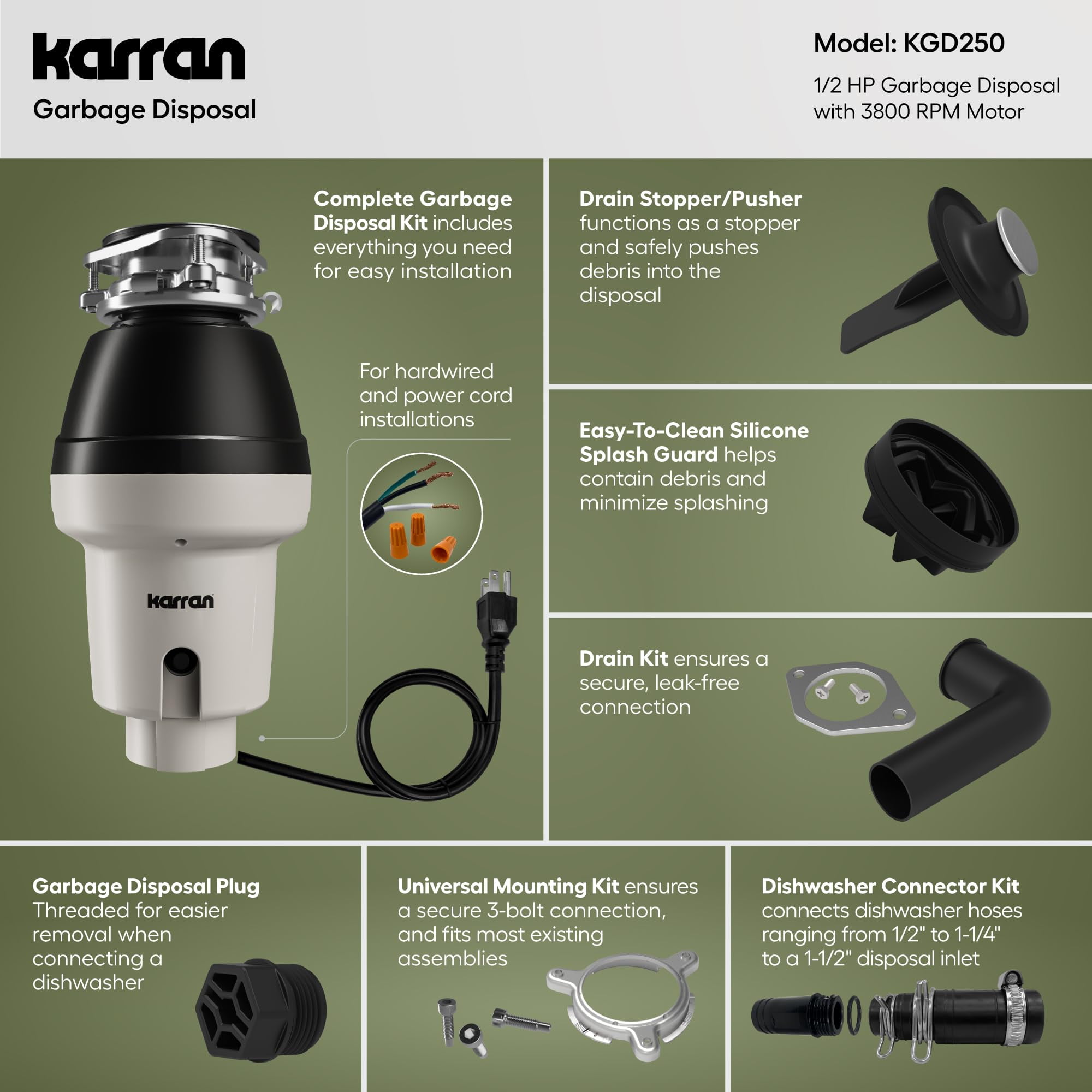 Karran 1/2 HP Garbage Disposal Quiet Continuous Feed 3800 RPM Stainless Steel Chamber