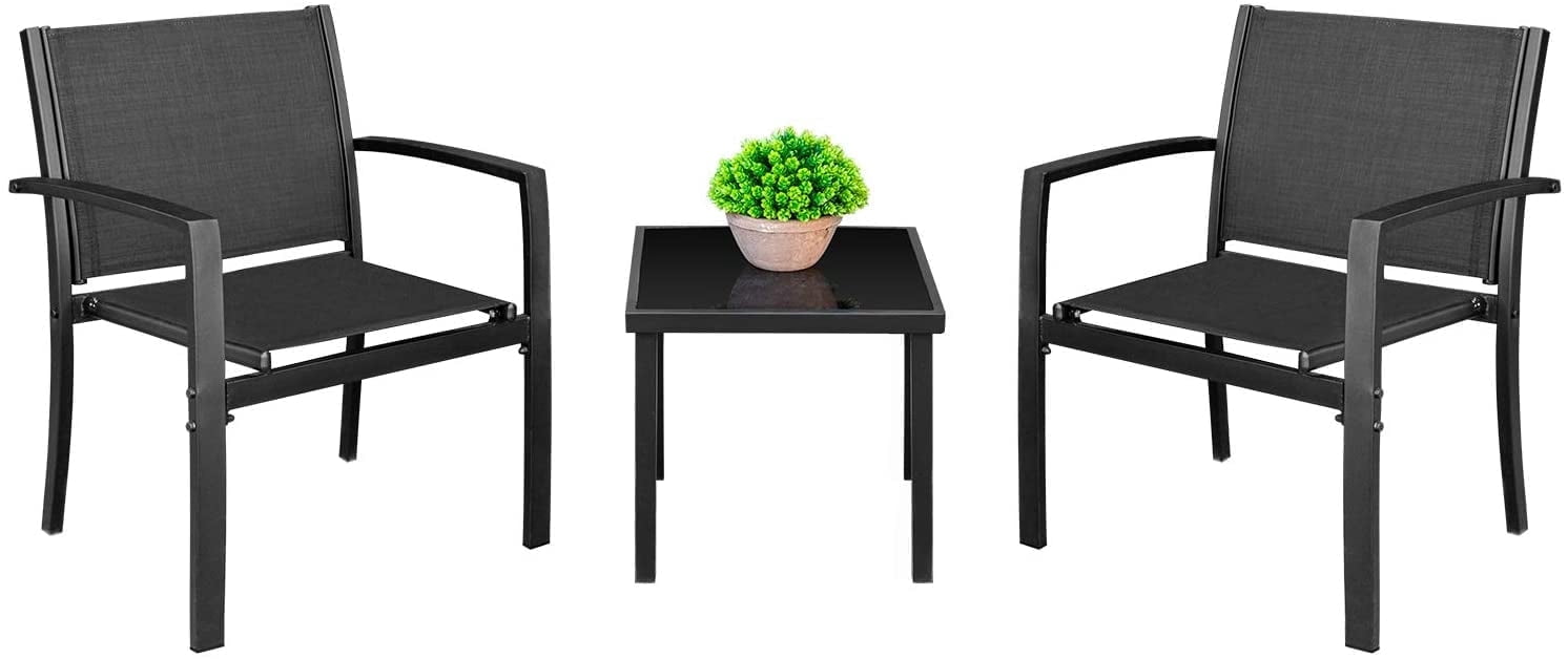 Devoko 3 Pieces Patio Furniture Set Textilene Bistro Set Outdoor Conversation Set Modern Porch Furniture Lawn Chairs with Coffee Table, Black